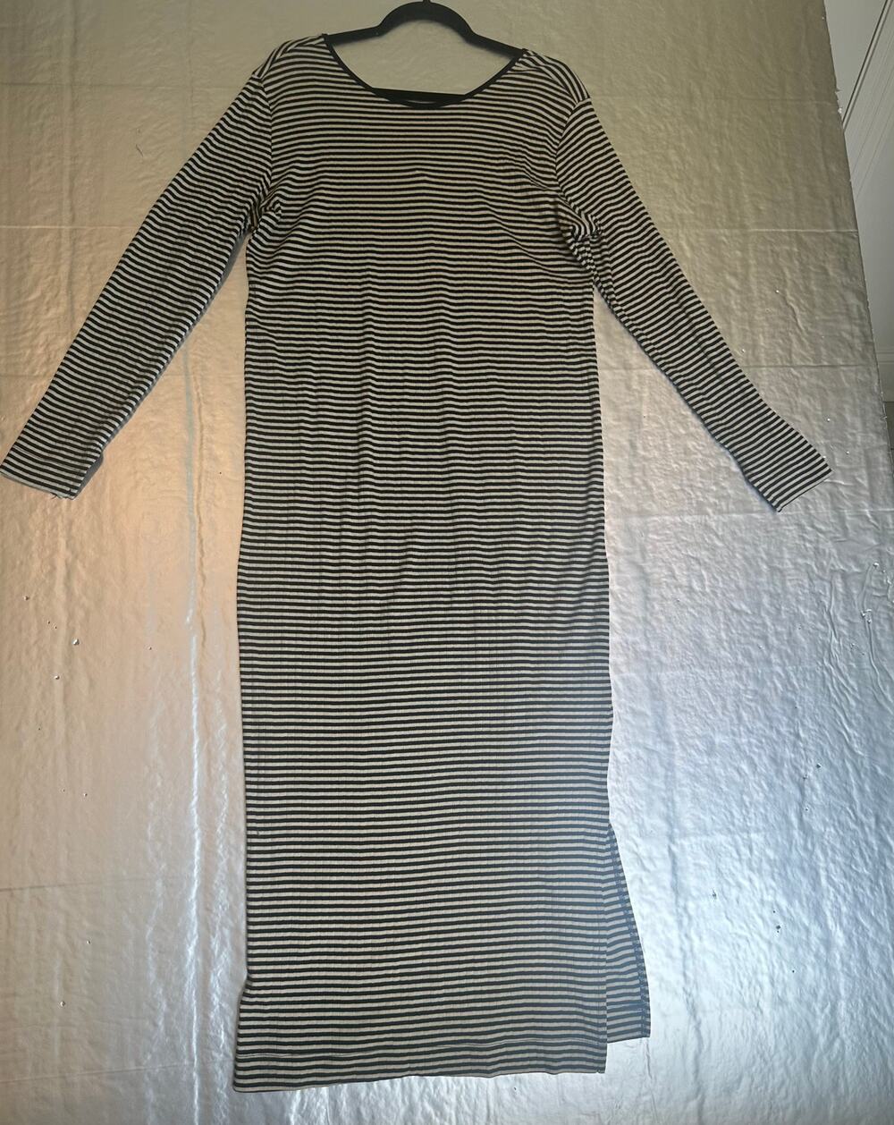 H&M XL Black & Cream Striped Maxi Dress Long Sleeve Side Slit